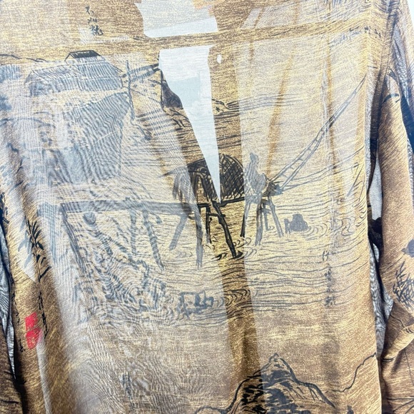 VTG Chico's Brown Sheer Button Down Shirt with Artistic Japanese Prints Large - Picture 7 of 10